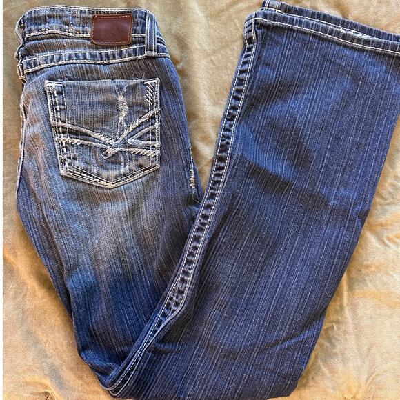 y2k BKE Stella Distressed Dark Wash Boot Cut Jeans size 25 - Picture 1 of 5